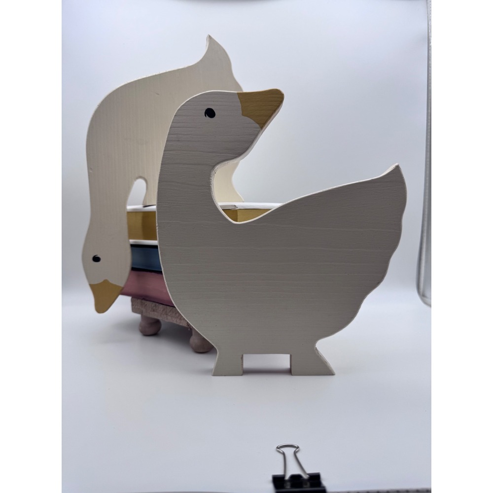 Vintage DIY Wooden Goose Shelf Sitters Farmhouse Decor Set of 2 White Yellow